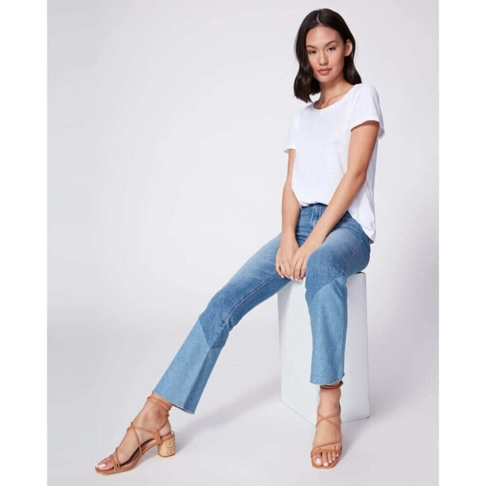 PAIGE Denim Colette Crop Flare Twisted Panel Raw Hem Jeans Size 24 - Picture 9 of 13